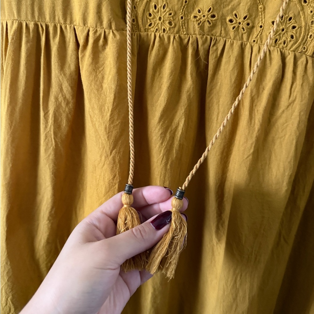 Knox Rose Mustard Yellow Eyelet Cotton Tiered Mini Dress Tassels size XXL - Picture 5 of 5
